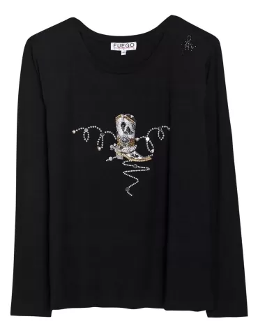 Fuego Woman black t-shirt with rhinestones embroidery 2