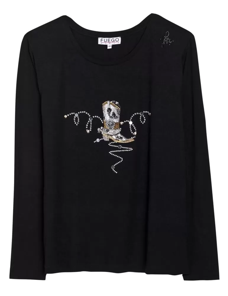 Fuego Woman black t-shirt with rhinestones embroidery