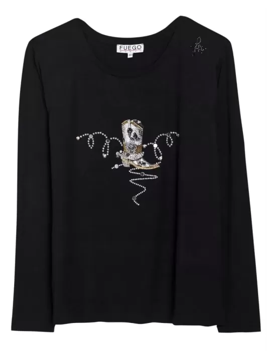 Fuego Woman black t-shirt with rhinestones embroidery