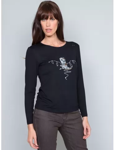 Fuego Woman black t-shirt with rhinestones embroidery