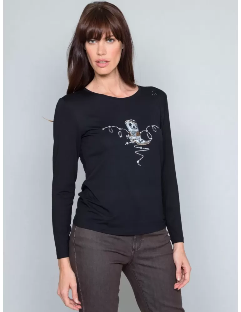 T-shirt maglia nera ricamo stivali country Fuego Woman T-shirt maglia nera ricamo stivali country Fuego Woman