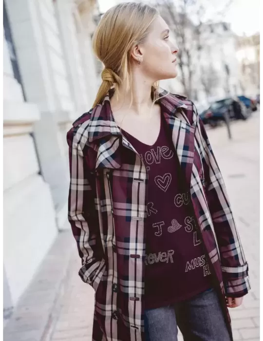 Fuego Woman Bordeaux and beige Tartan trench coat Fuego Woman Bordeaux and beige Tartan trench coat