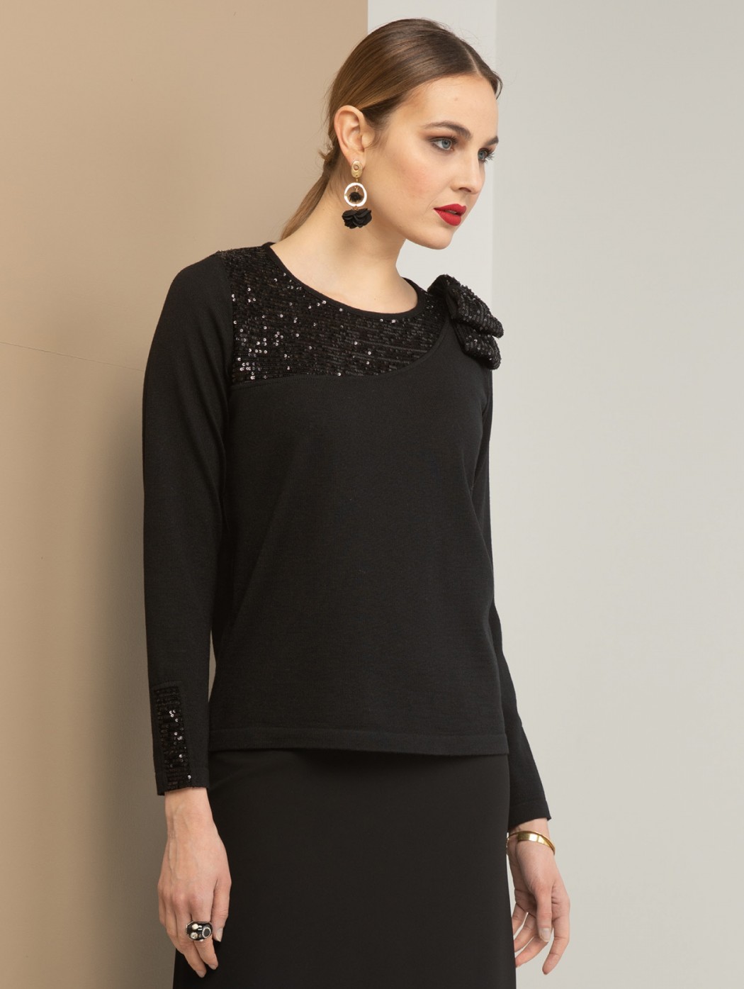 Maglia lana nera elegante con fiocco e paillettes Francesca Mercuriali
