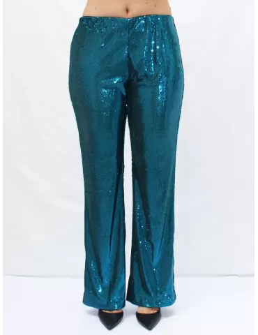 Shiny turquoise sequin flare trousers