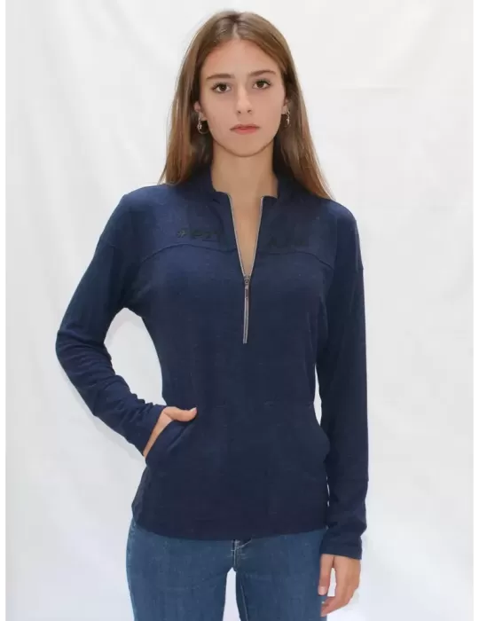Paz Torras mock turtleneck blue shirt with pockets