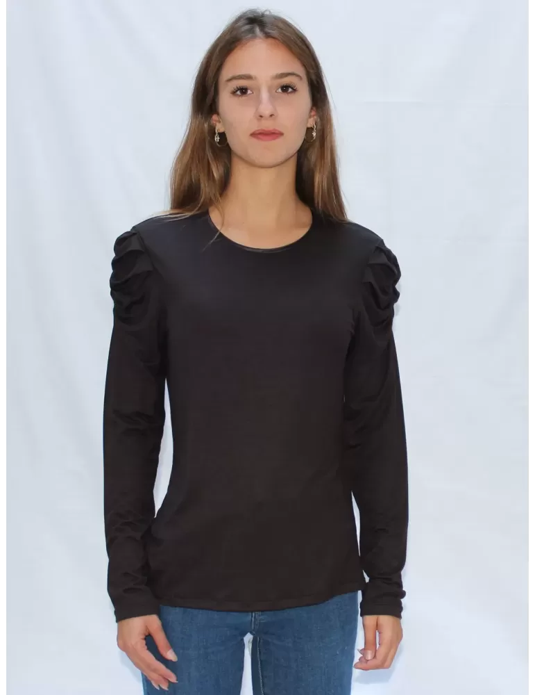 Maglia minimal in viscosa naturale marrone maniche arricciate Amethist Maglia minimal in viscosa naturale marrone maniche arricciate Amethist