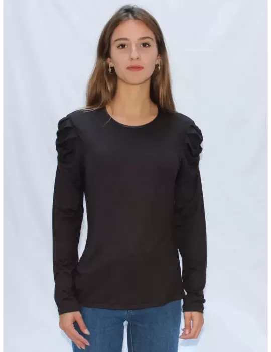 Plain black blouse shirt with organza ruffles Italian design Amethist Plain black blouse shirt with organza ruffles Italian design Amethist