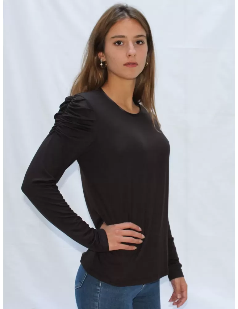 Maglia minimal in viscosa naturale marrone maniche arricciate Amethist