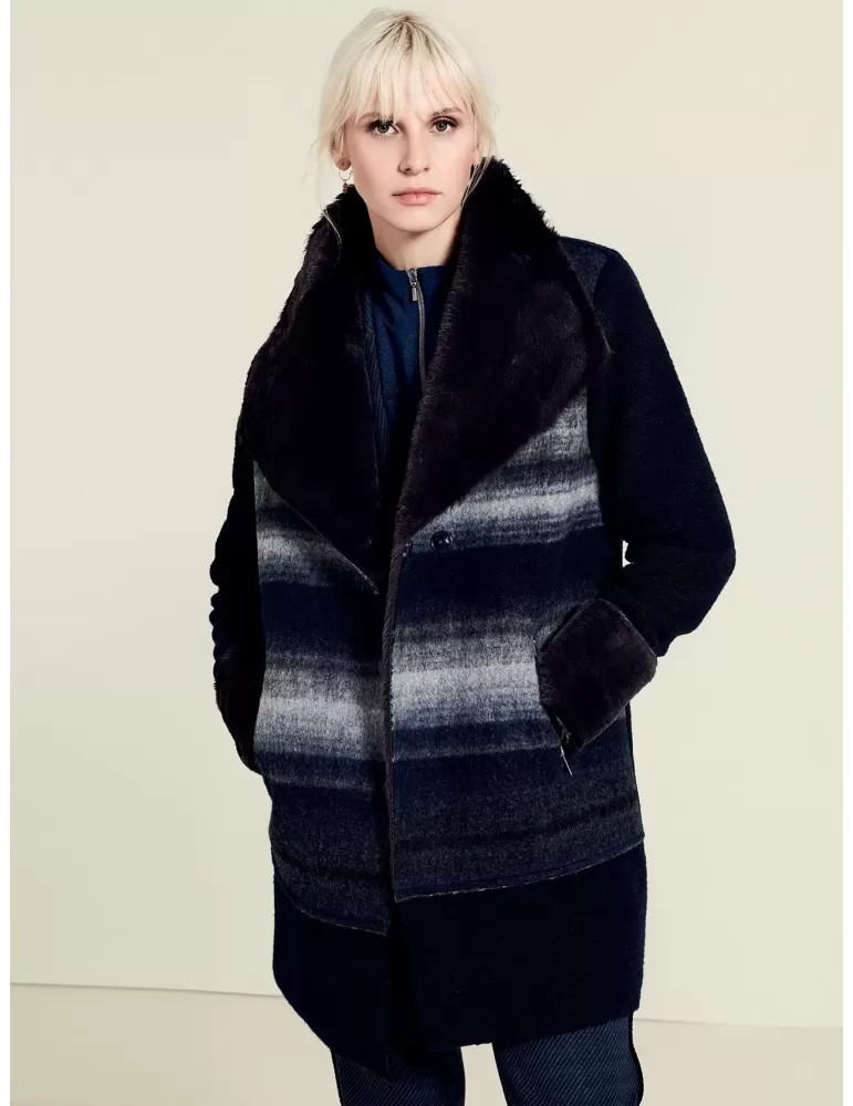 Giaccone lana cotta blu melange e pelliccia Paz Torras Giaccone lana cotta blu melange e pelliccia Paz Torras