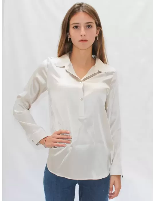 Riva Tricot beige all silk satin polo shirt large design for plus size Riva Tricot beige all silk satin polo shirt large design for plus size