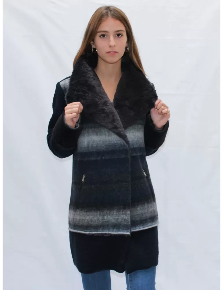 Blue melange felt grey soft boiled wool short coat with hair