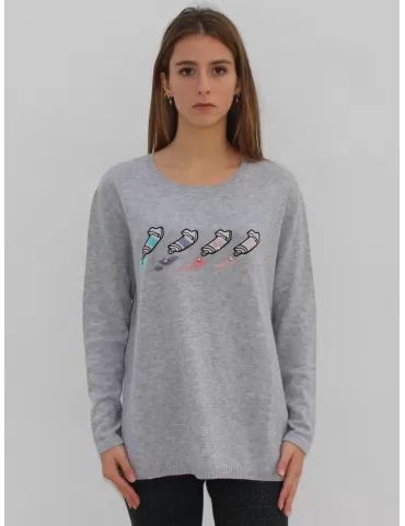 Maglia pullover lana grigio perla melange ricamo pop art Fuego Woman