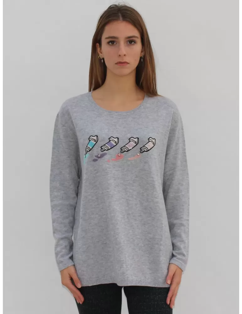Maglia pullover lana grigio perla melange ricamo pop art Fuego Woman Maglia pullover lana grigio perla melange ricamo pop art Fuego Woman