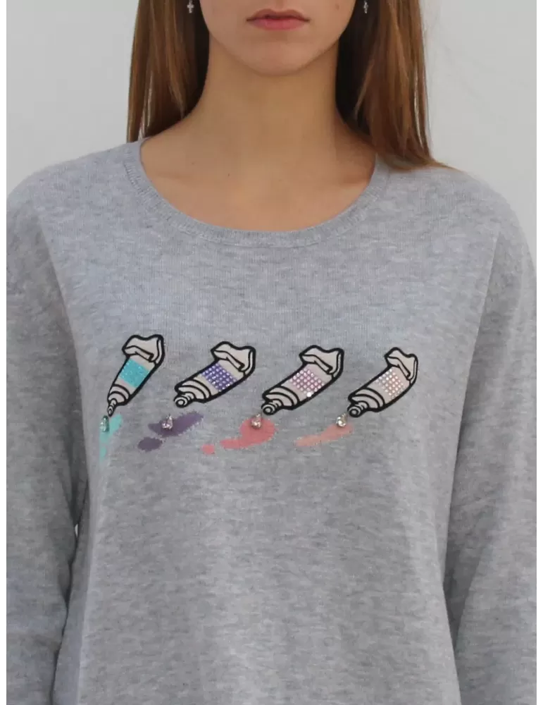 Maglia pullover lana grigio perla melange ricamo pop art Fuego Woman