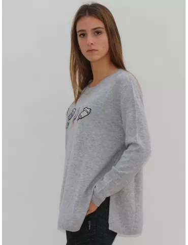 Maglia pullover lana grigio perla melange ricamo pop art Fuego Woman 2