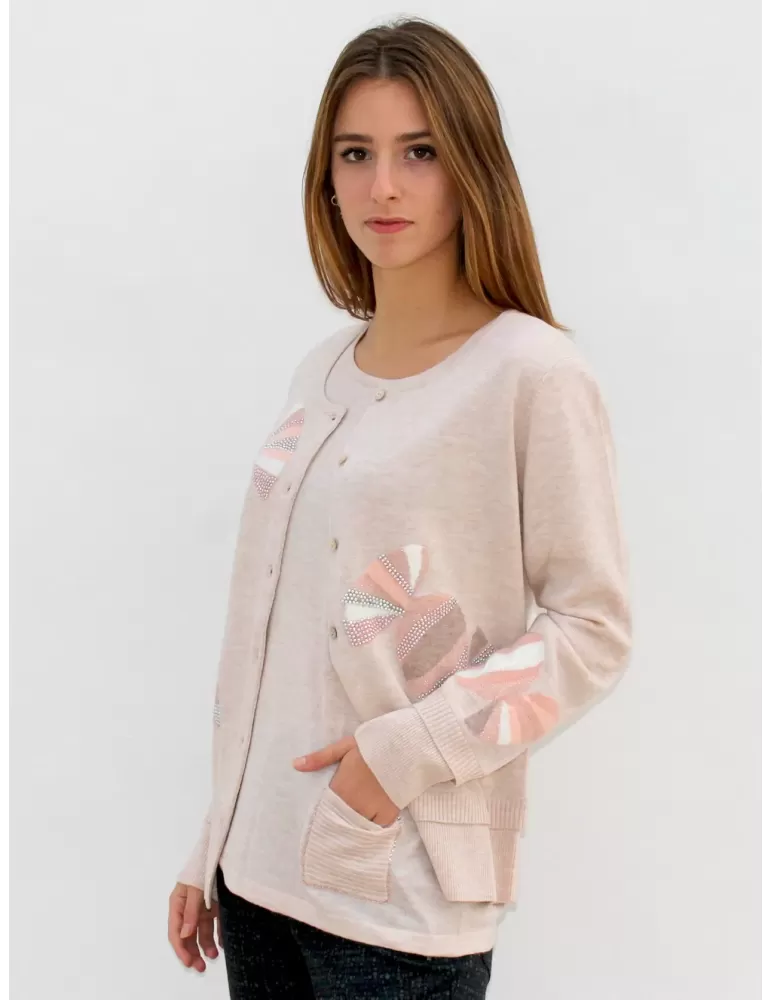 Ananke by Fuego Woman beige wool twinset candies and rhinestones