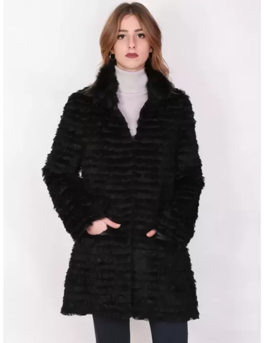 Black Real fur and silk striped coat jacket Black Real fur and silk striped coat jacket