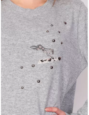 Maglia pullover lana grigio perla melange ricamo pop art Fuego Woman 2