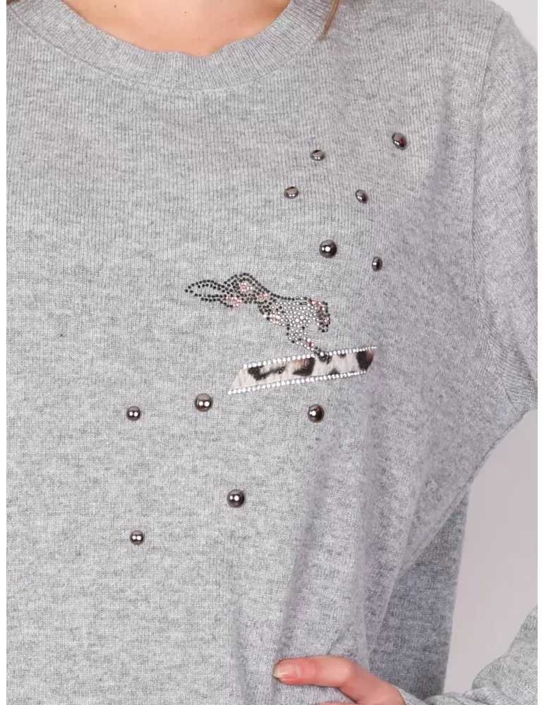 Maglia pullover lana grigio perla melange ricamo pop art Fuego Woman