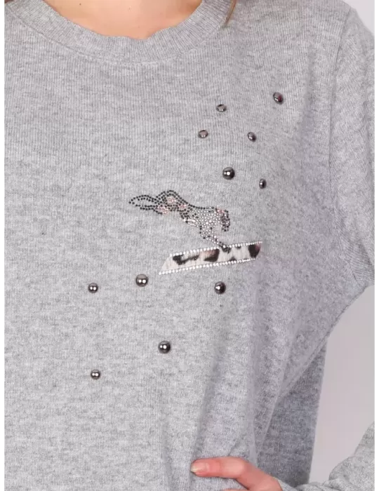 Maglia pullover lana grigio perla melange ricamo pop art Fuego Woman