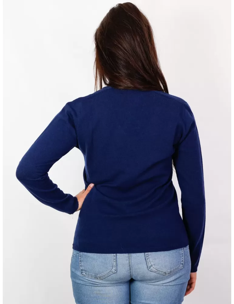 Maglia pullover V blu a costine in lana cashmere Renoir Riva Tricot