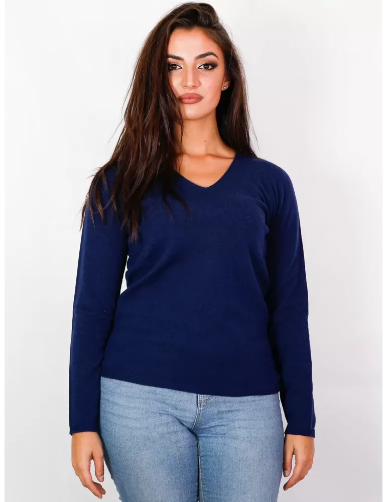 Maglia pullover V blu a costine in lana cashmere Renoir Riva Tricot
