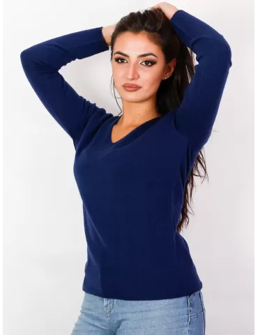 Maglia pullover V blu a costine in lana cashmere Renoir Riva Tricot