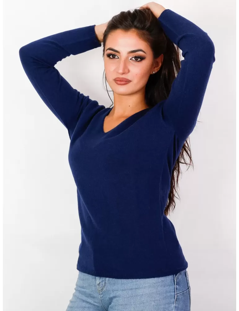 Maglia pullover V blu a costine in lana cashmere Renoir Riva Tricot Maglia pullover V blu a costine in lana cashmere Renoir Riva Tricot
