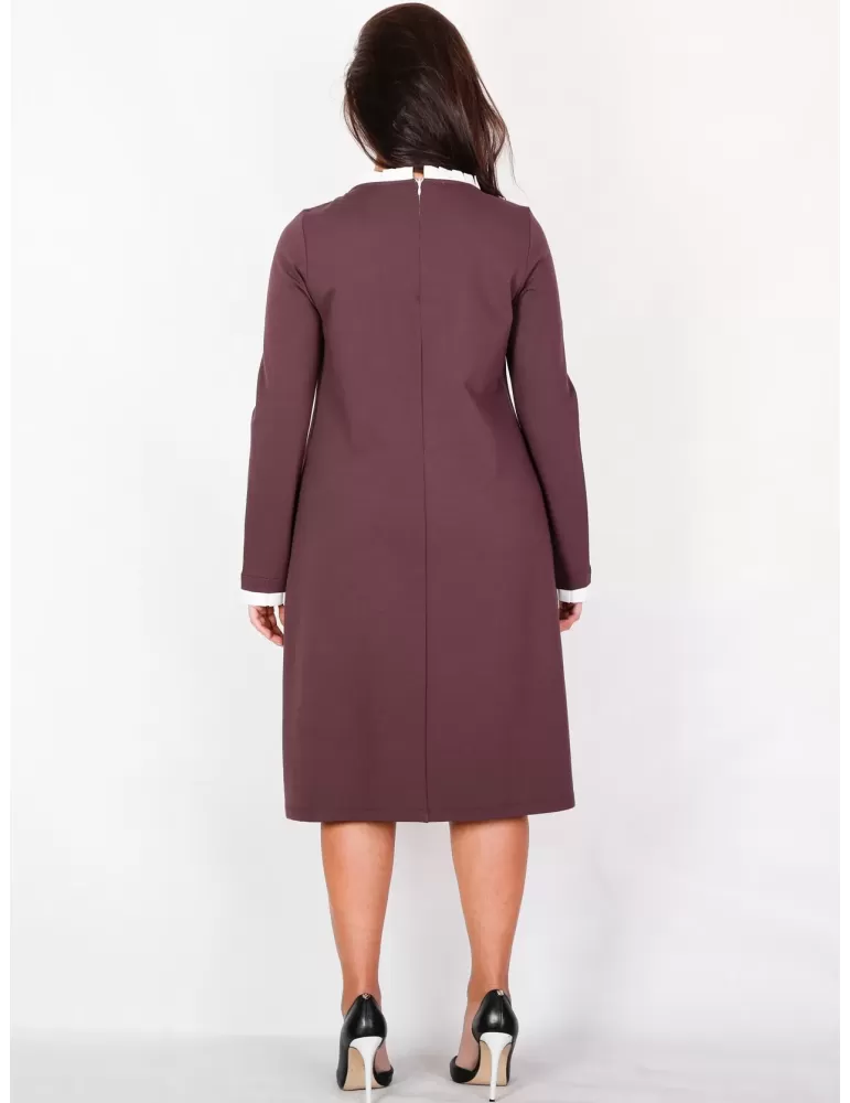 Zanetti 1965 - bordeaux midi dress with white neck and cuffs