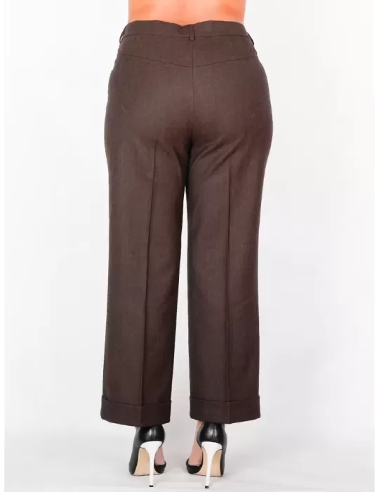 L. Pucci - Pantaloni larghi con risvolto in lana marrone fino alla 54