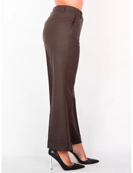 L. Pucci - Pantaloni larghi con risvolto in lana marrone fino alla 54