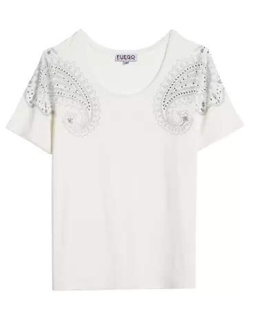 Elegant White T-shirt with rhinestones embroidery by Fuego Woman 2