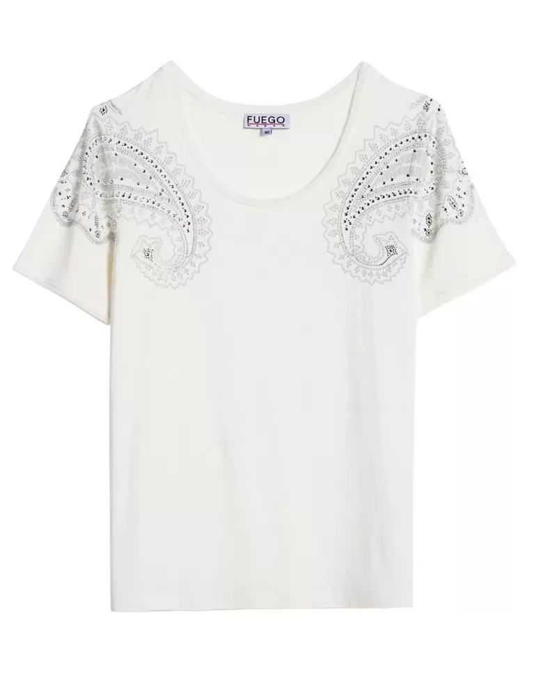 Elegant White T-shirt with rhinestones embroidery by Fuego Woman