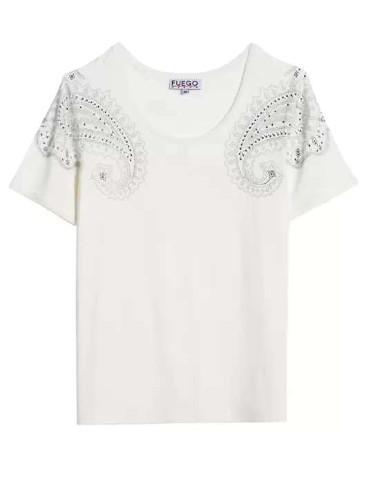 T-shirt bianca con ricami di strass dis cashmere Fuego Woman