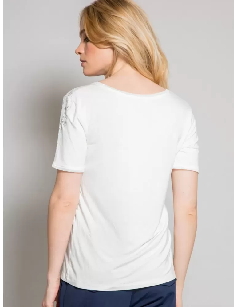 White T-shirt with beige ribbon and rhinestones Fuego Woman