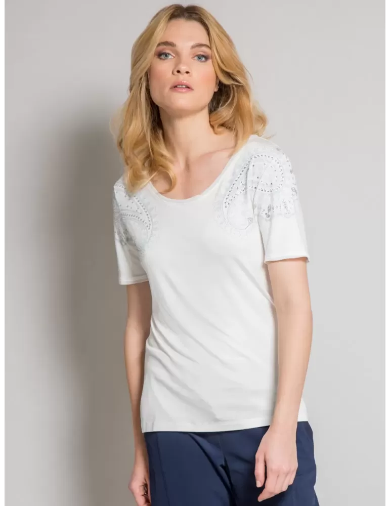 Elegant White T-shirt with rhinestones embroidery by Fuego Woman Elegant White T-shirt with rhinestones embroidery by Fuego Woman