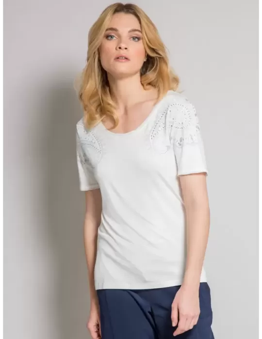 Elegant White T-shirt with rhinestones embroidery by Fuego Woman Elegant White T-shirt with rhinestones embroidery by Fuego Woman