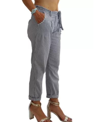 Musetti| Pantaloni con le pinces in cotone a righe con perle 2