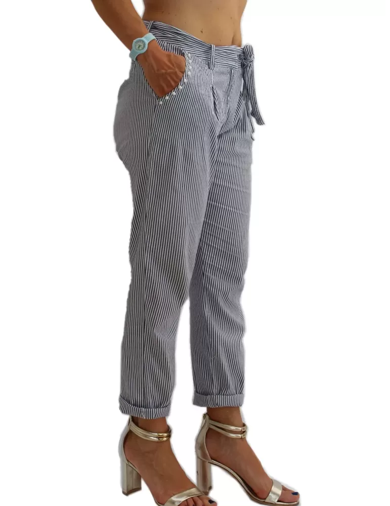 Musetti| Pantaloni con le pinces in cotone a righe con perle
