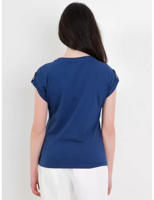 Paz Torras t-shirt blu etnica di cotone con tasche fino alla 54