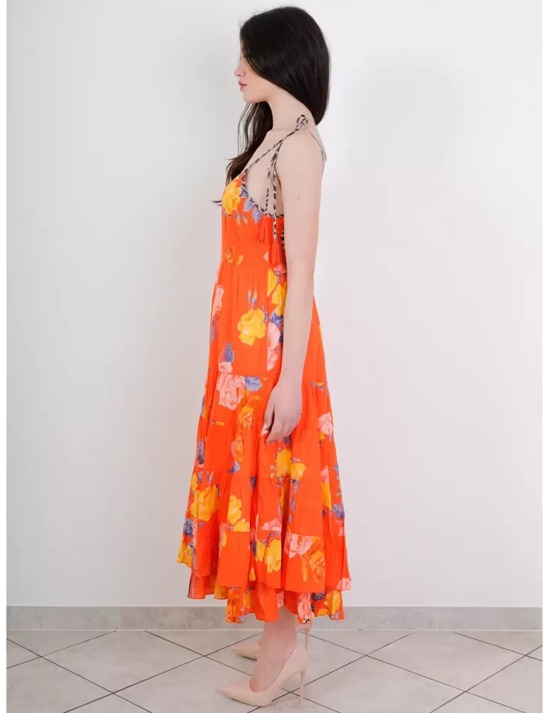 Abito lungo all'americana con paillettes bronzo e verde Paz Torras