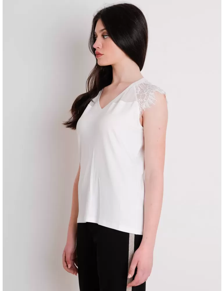 Top canotta a V con pizzo bianco Fuego Woman