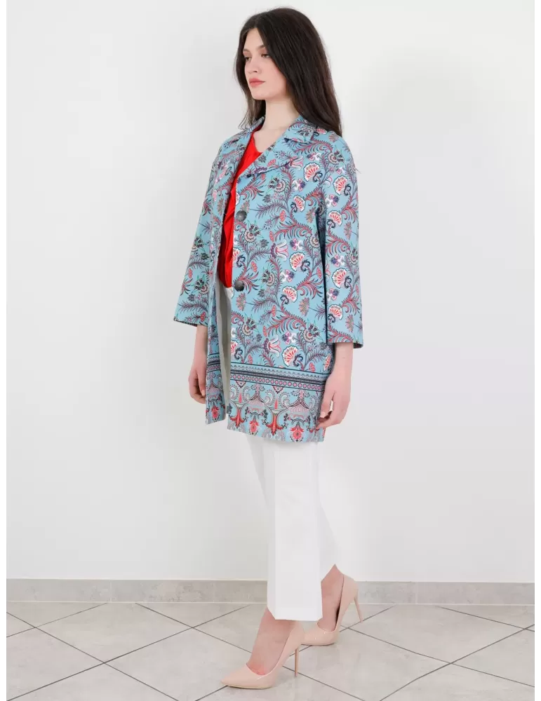 Maesta Milano Light blue and red cotton long duster jacket Maesta Milano Light blue and red cotton long duster jacket