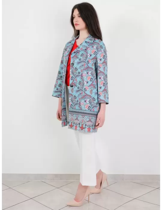 Light blue and red cotton long duster jacket plus size available Light blue and red cotton long duster jacket plus size available