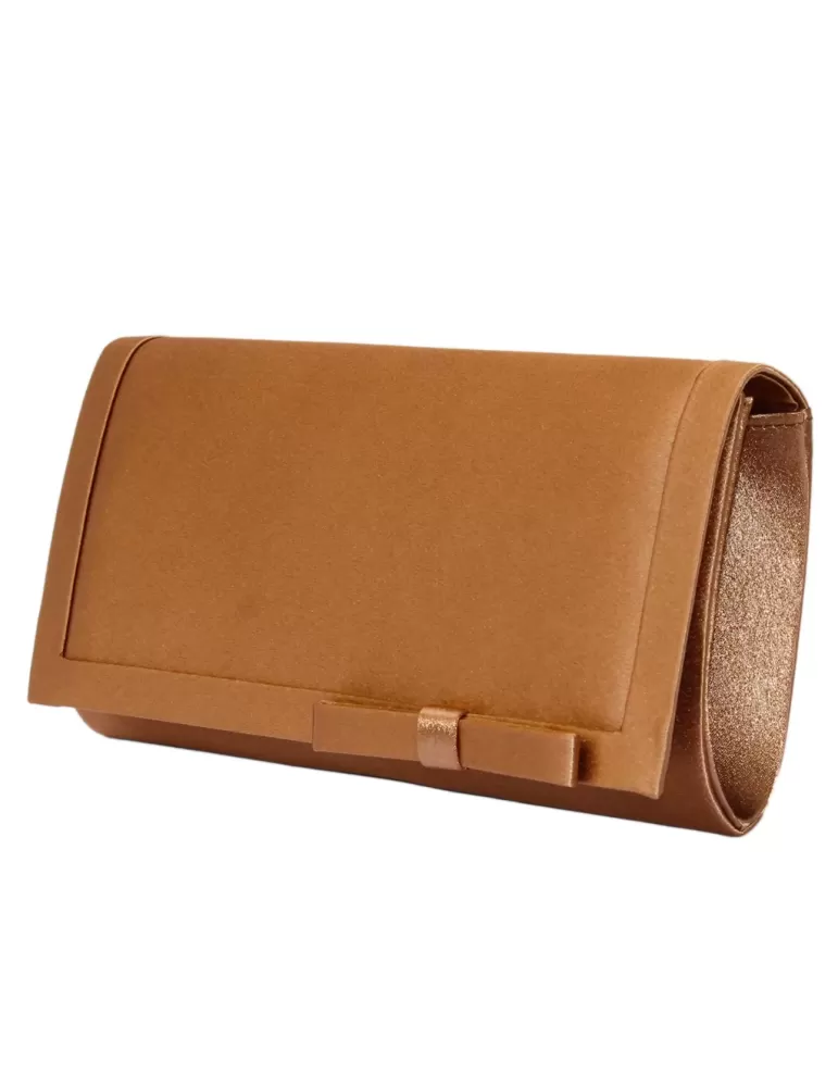 Anna Cecere gold silk satin clutch evening bag with ribbon