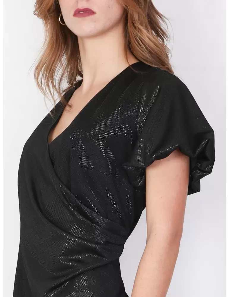 Sonia Pena plus size black lurex sheath formal dress ruffled sleeves