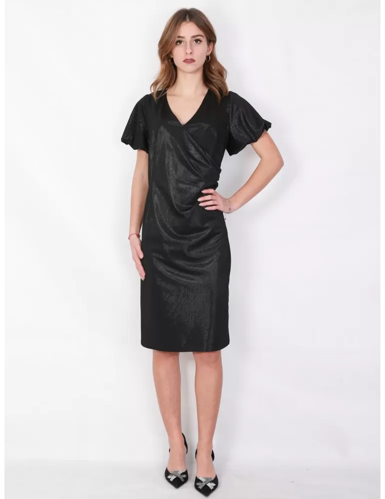 Sonia Pena plus size black lurex sheath formal dress ruffled sleeves