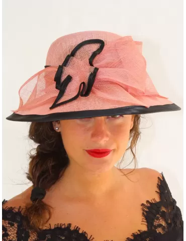 Cappello da cerimonia grande in paglia rosa con profilo nero Complit