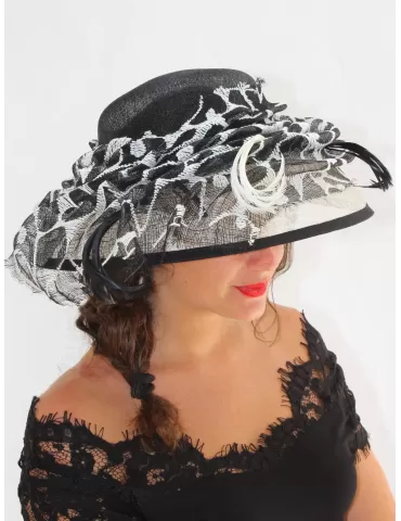 Complit | Cappello grande da cerimonia bianco e nero a pois con piume