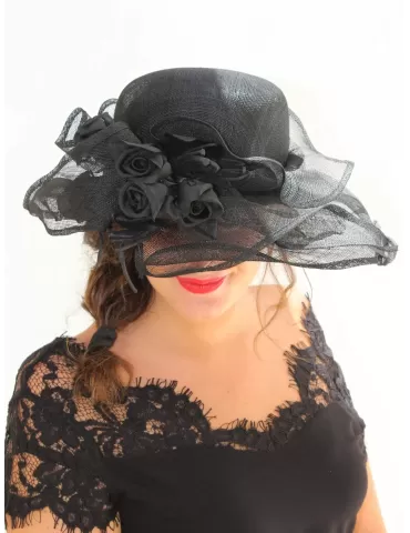 Complit | Cappello grande da cerimonia elegante nero con rose seta 2